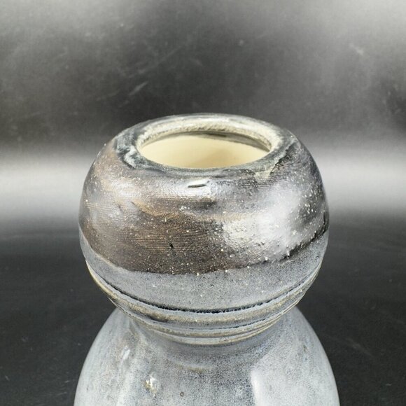 Primitive Style Art Pottery Bud Vase Round Bottom Gray Black Lines Glaze Vase - Picture 8 of 11